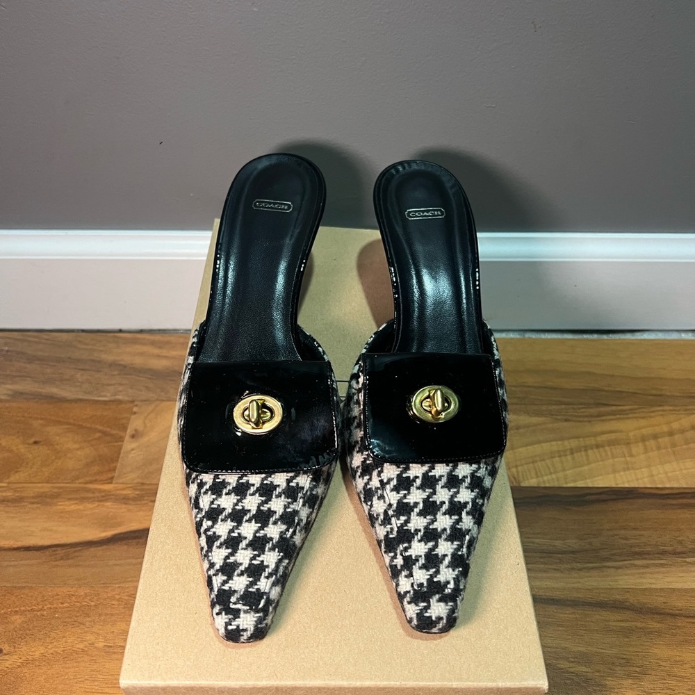 Coach Black and White Houndstooth Mules